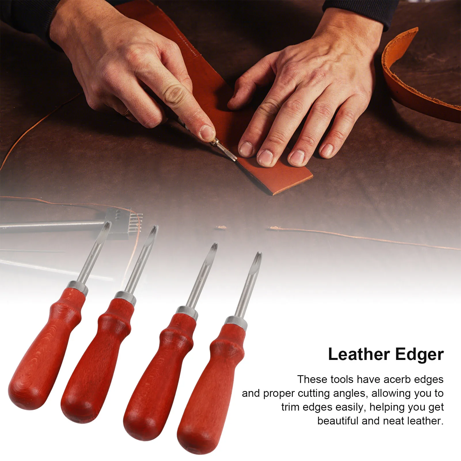 Sale 4pcs Professional Leather Edger Working Kit with Wooden Handle for DIY Craft Leather Trimming Cutting - Image 2